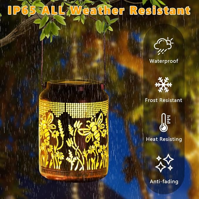 2 Pack Bee Solar Lanterns Outdoor Waterproof Hanging Solar Lights LED 6.9" Metal Flower Bee Decorative Lantern for Patio,Yard,Porch,Table,Garden Birthday Gifts for Women Mom Grandma