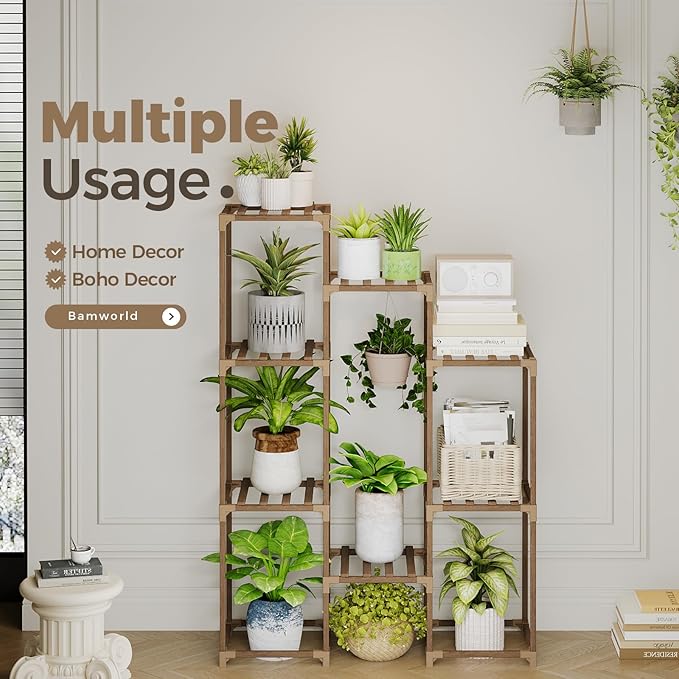 Bamworld Plant Stand Indoor Hanging Plants Shelf 7 Pots Tall Ladder Plant Holder Large Wood Flower Stand for Living Room Rack Multiple Plants for Patio Balcony Garden