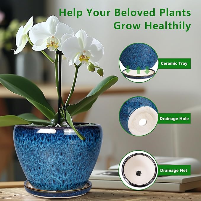 8 Inch Ceramic Plant Pot, Ceramic Planter Pot for Indoor Outdoor Plants, Round Flower Pot with Drainage Hole and Saucer, Blue