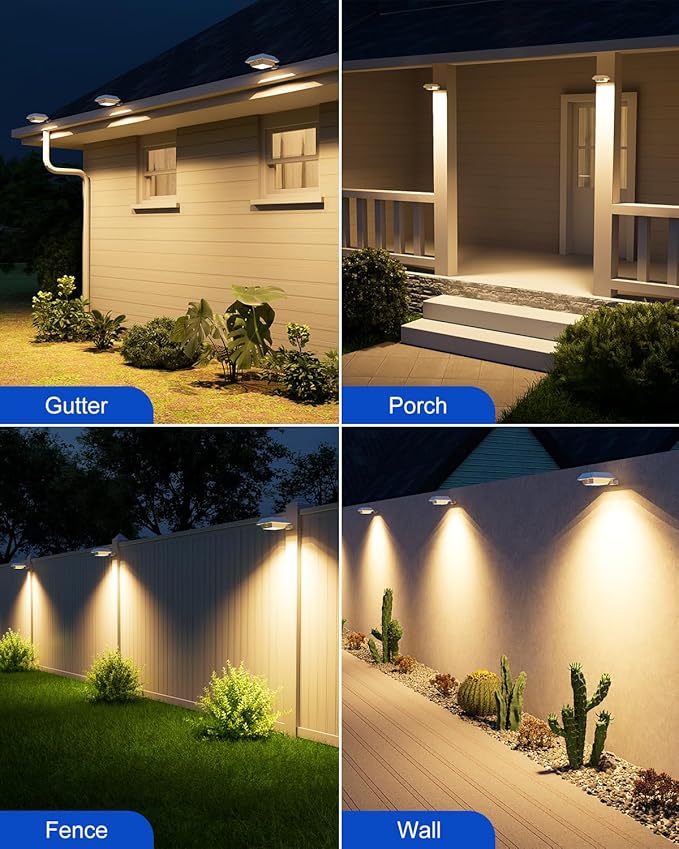 8 Pack Solar Powered Gutter Lights Outdoor Decorative Waterproof 12 LEDs Yard Lamp for Fence, Railing, Outside Wall, Deck, Garden, Path, Backyard, Walkway, Patio, No Drilling Installation (Warm White)
