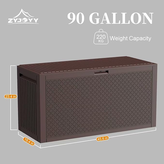 90 Gallon Resin Deck Box, Weatherproof Outdoor Storage Box for Patio, Garden, Pool, and Yard, Lockable Waterproof Bin for Tools, Cushions, and Accessories, Brown