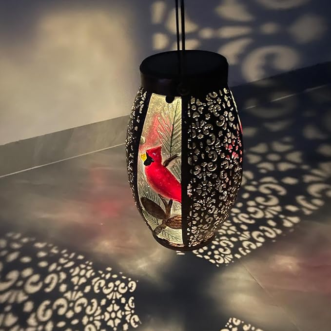 2PCS Cardinal Solar Lanterns Glass & Metal Hanging Light Outdoor Waterproof 16" H Tabletop Lamp with Hollowed-Out Design with Shepherd's Hooks for Garden Patio Table Decor