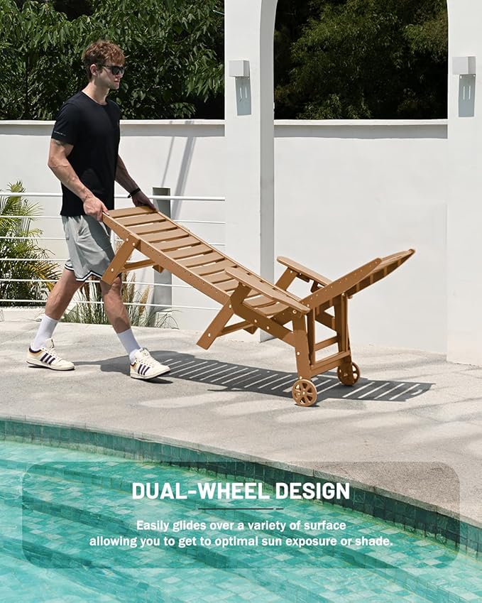 Lounge Chair Outdoor Set of 2, HDPE Chaise Lounge Outdoor with 6-Position & Wheels &Cup Holder, Pool Lounge Chair for Pool Poolside Deck Backyard Patio, Teak