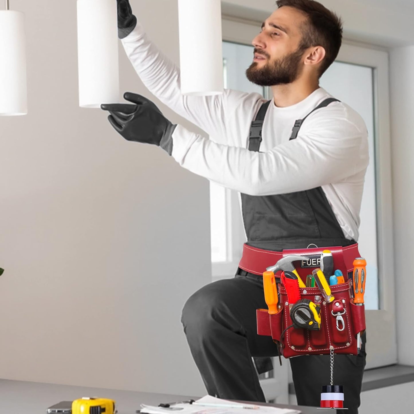 FUERI Leather Tool Pouches Carpenter Electrician Belt Bags Organizer 4 Pocket Professional Heavy Duty Pouch for Construction Framing