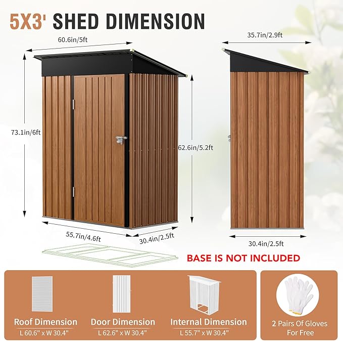 5x3 Ft Storage Shed, Outdoor Metal Shed with Lock, Small Lean to Shed, Compact Vertical Outside Bike Tiny House for Garden, Backyard, Patio, Tool