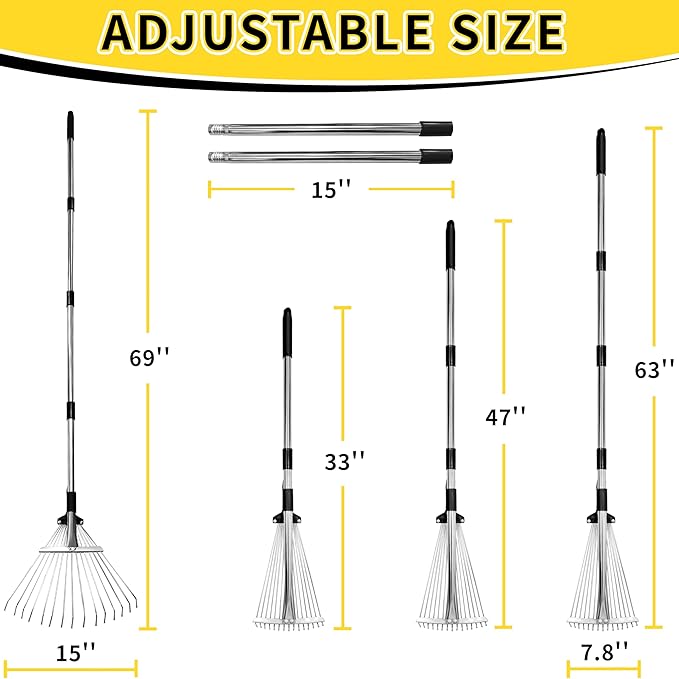 2 Pack Garden Rake for Leaves,Heavy Duty Metal Adjustable Leaf Rake for Lawns,Long Handle 33"-69" with Expandable Head 8"-15",Garden Tools for Yard Lawn Shrub Garden Beds
