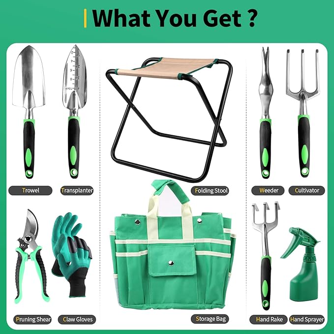 9 PCS All-in-one Garden Tools Set, Heavy Duty Cast-Aluminium Alloy Gardening Tools Kit with Folding Stool Seat&Detachable Canvas Tool Bag , Non-Slip Rubber Grip, Outdoor Hand Tools