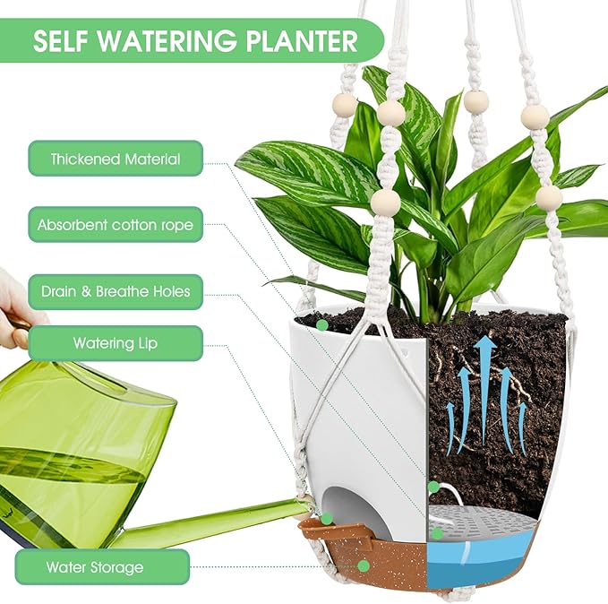 Hanging Planters for Indoor Outdoor Plants, 2 Pack Self Watering Hanging Pot with Drainage Holes, Removable Tray & 2 Kinds of Plant Hangers, 8'' Hanging Flower Pots for Home Garden Decor, White