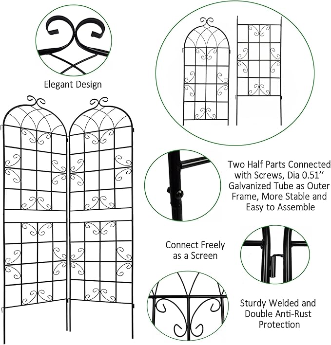 6 Pack Metal Garden Trellis 86.7" H Garden Fence Rustproof Trellis for Climbing Plants Support Roses Flower Outdoor Lawn, Black 7.2FT Tall