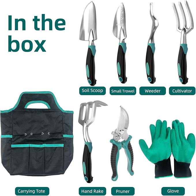 Gardening Tool, Heavy Duty Gardening Hand Tools for Gardener, Gardening Gifts for Women, Men, Heavy Duty Gardening Tools with Storage Tote Bag Non-Slip Rubber Grip, Aluminum Green Gardening Tool Set