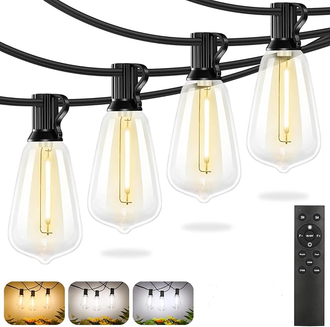 Brightever 60FT Outdoor String Lights with Remote, 3 Color in 1 LED String Lights for Outside with 19 Shatterproof ST38 LED Bulbs, 3 Modes 2 Timer Outside Lighting for Patio, Deck, 2700K/4000K/5000K