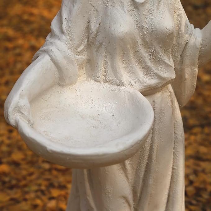 Garden Outdoor Nymph Statue Girl Maid Statue 40 Inch with Birdbath Bird Bath Bowl Magnesium Oxide Sculpture Patio Yard Lawn Decor Ivory