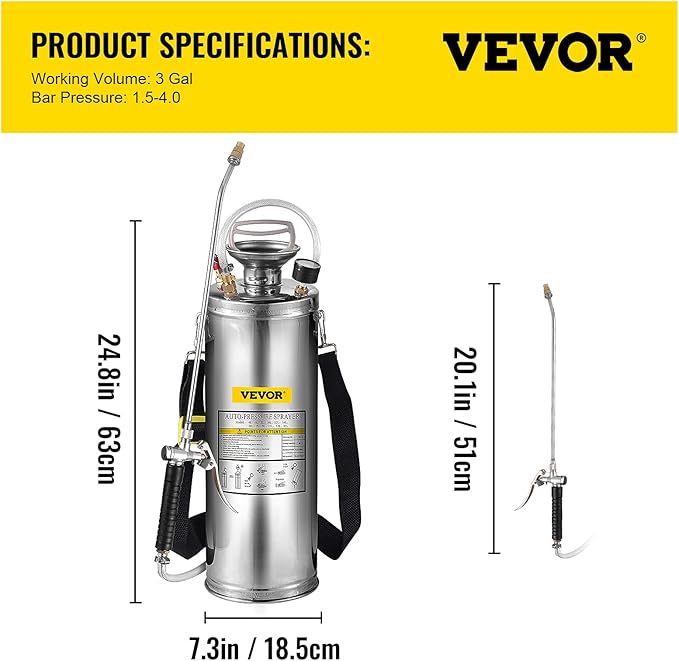 Happybuy 3 Gallon Stainless Steel Sprayer, 20" Wand & 3FT Reinforced Hose, Hand Pump Sprayer with Pressure Gauge, Safety Valve & Adjustable Nozzle, Weed Sprayers for Lawn, Gardening & Sanitizing