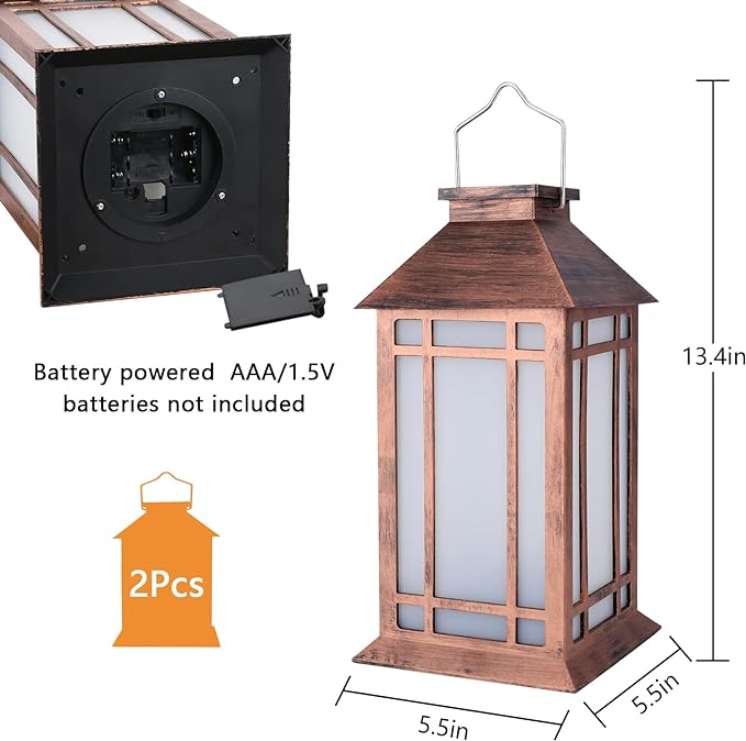 2-Pack 13" Vintage Candle Lantern with Led Flameless Candle (6hr Timer) - IP65 Waterproof Battery Powered - Outdoor Patio Hanging Lanterns Decorative Tabletop Lanterns