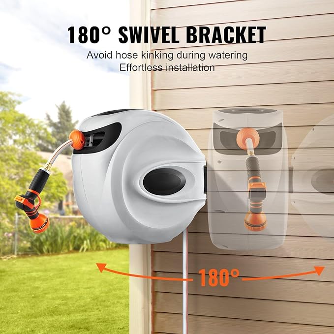 65' x 5/8" Retractable Hose Reel Wall-Mounted with 180° Swivel–Heavy-Duty Automatic Water Hose Storage for Garden,Yard,and Outdoor Use