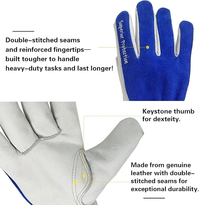 12 Pairs Bulk Leather Work Gloves for Men or Women for Construction, Wood cutting, Driving, Gardening, Automotive Repair, Water Resistant, Soft, Cowhide, Class 4 Abrasion Resistant, Blue-White, M