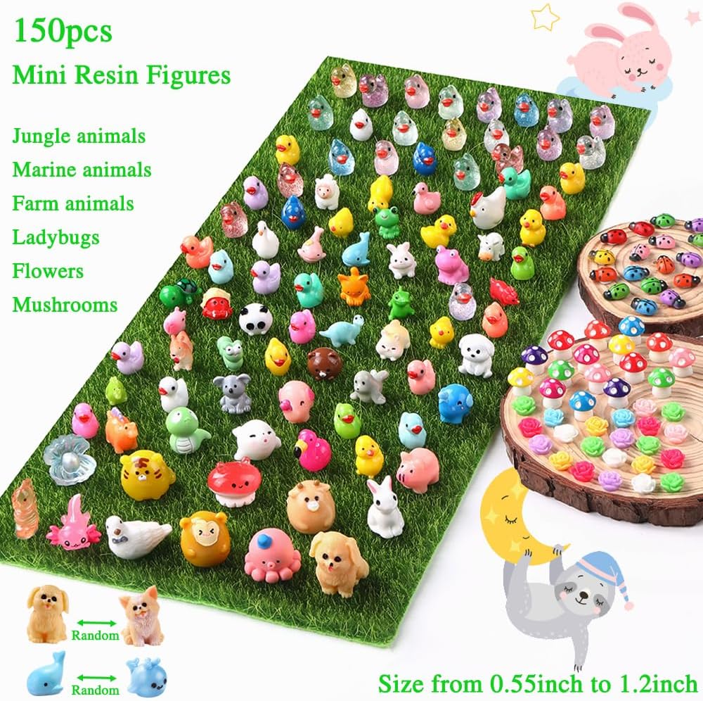 150pcs Mini Resin Animals, Colorful Tiny Small Little Glitter Ducks Mushroom Figures to Hide Miniature Figurines for Dollhouse Micro Landscape Aquarium Decorations DIY Crafts