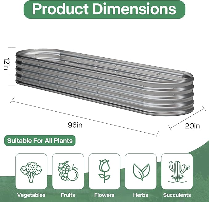Galvanized Raised Garden Bed Kit, Galvanized Planter Garden Boxes Outdoor, Oval Large Metal for Vegetables,Flower,8x1.8x1FT