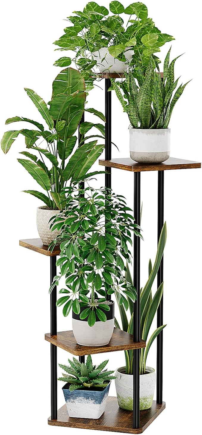Bamworld Corner Plant Stand Indoor, 5 Tier Metal Plant Shelf for Multiple Plants, Tall Flower Stand for Patio Garden Balcony Living Room Bedroom(Brown)