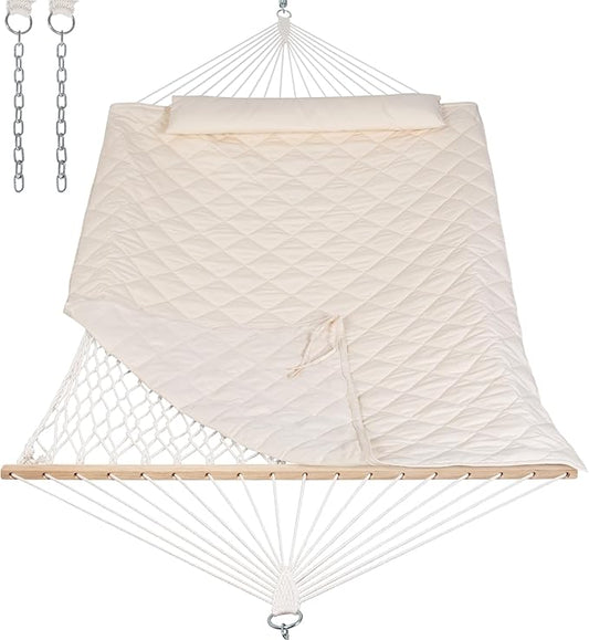 ANOW Outdoor Rope Hammock with Spreader Bars, Heavy Duty Hammock with Pad for Outdoors, 450 LBS Weight Capacity, Cream