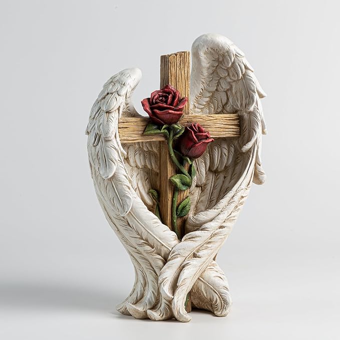 12" Angel Wings Embracing Cross and Rose Garden Statue Memorial Statue for Beloved one