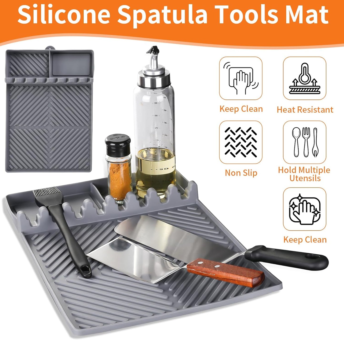 Griddle Mat Barbeque Grill Accessories Tools for Blackstone, Side Shelf Mat Grill Pad for Outdoor Grill Kitchen Counter Spatula Silicone Mat with Drip Pad for Kitchen, Cooking, Countertop (Grey)