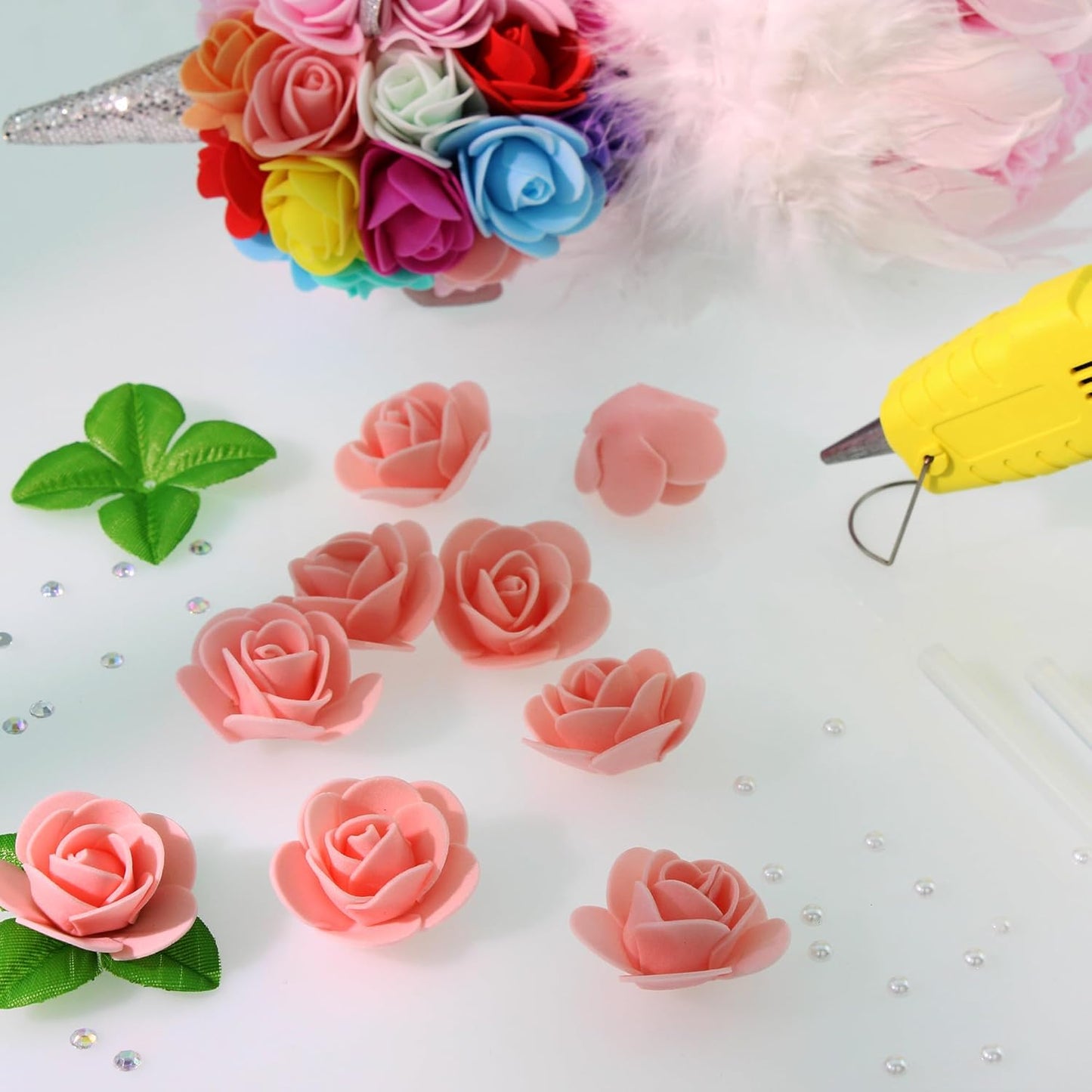 500 Pcs 1.4 Inch Mini Artificial Flowers Head Bulk 5 in 1 Set Faux Foam Fake Small Rose Tiny Baby Flores Bouquet Cake Gift Home Decoration DIY Craft (Peach, Blush)