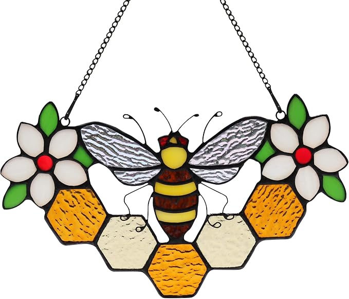 Bee Decor Stained Glass Window Hanging,Honeybee Honeycomb with Flowers Suncatcher for Window,Wall Art Ornaments,Birthday Gifts for Women,Friends,Housewarming Gift
