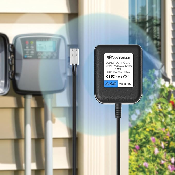 ANTOBLE Sprinkler System Power Supply Transformer 24V 300mA Irrigation Timers System Power Cord Replacement Part AC Adapter Charger Indoor Sprinkler Controller Irrigation System Accessories
