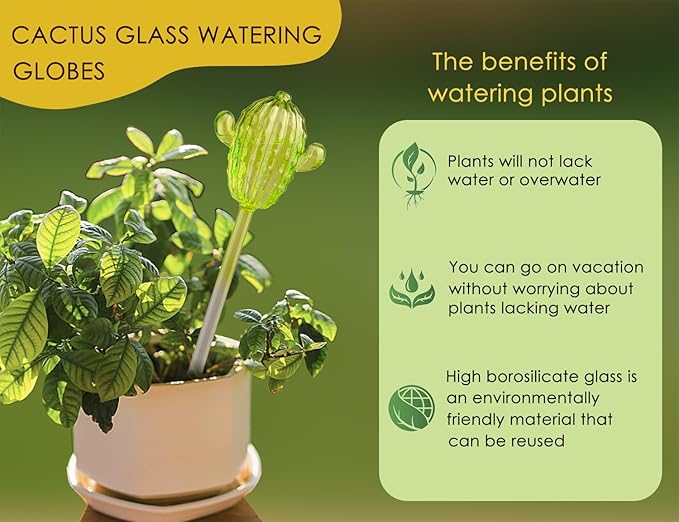 Ahhute Self Watering Globes Cactus Shape, Glass Plant Watering Globes, Self Watering Planter Insert, Cacti Plant Watering Devices, Automatic Plant Waterer Indoor, Watering Bulbs, 3 Pack