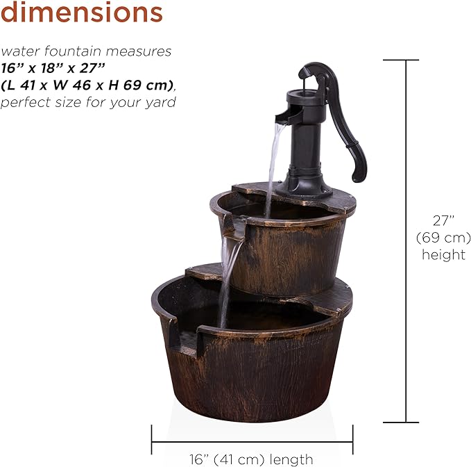 Alpine Corporation - Outdoor Rustic 2-Tiered Barrel and Pump Water Fountain – Bronze Finish, Relaxing Water Flow, Ideal for Garden, Patio, & Yard Décor, 27"H