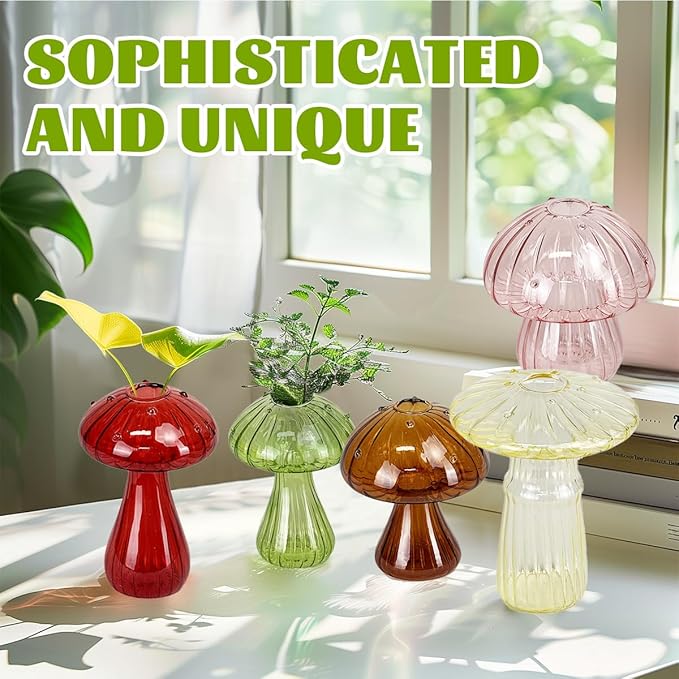 5 Pcs Mushroom Glass Planter for Plants, Stylish Unique Mushroom Vase for Home Decoration,Colorful Propagation Jars,Ideal Gardening Companion and Creative Floral Arrangement