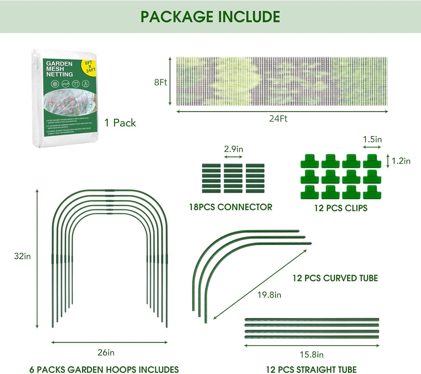Garden Mesh Netting Kit - 8x24 Ft Ultra Fine Mesh Netting with 6 Sets Garden Hoops & 12 Clips, Bird Protection for Fruit, Vegetable, Flowers & Animals, Greenhouse Cover