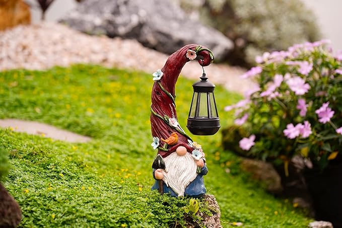 Gnome Garden Decor Statue Solar Gnomes Decorations for Yard with Lantern Light Outdoor Decorations for Patio Mom Gift