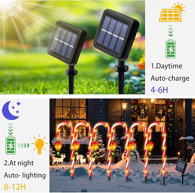 6 Pack Outdoor Christmas Decorations, 21" Solar Candy Cane Christmas Lights with Lantern and 90 Bright LED, Waterproof 8 Modes Outside Xmas Decorations for Outdoor Yard Garden Pathway