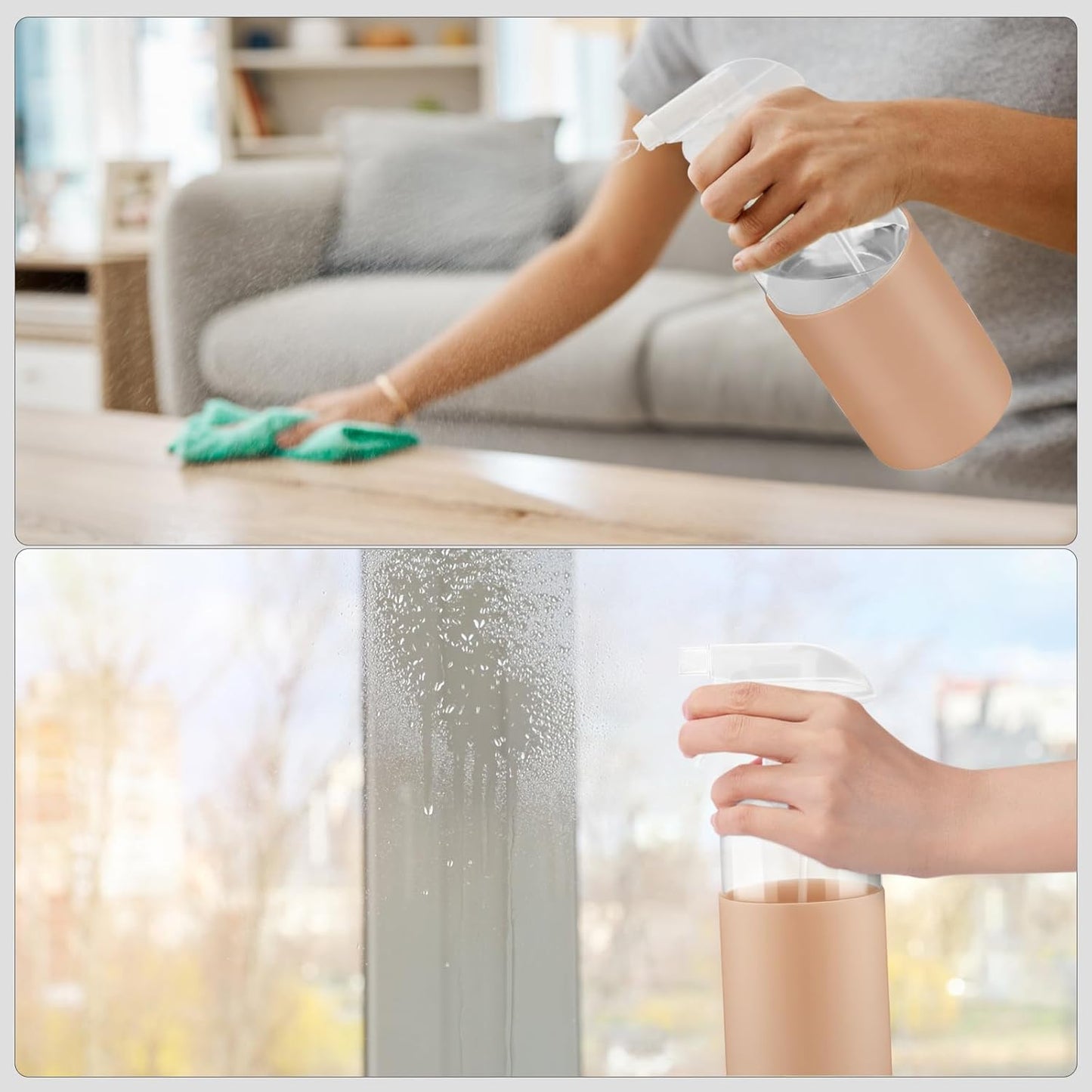 2 Pack Glass Spray Bottles with Long Silicone Sleeve, 16 oz Empty Refillable Containers with Adjustable Spray Nozzles, Spray Bottles for Hair, Cleaning Solutions and Plants khaki&Black