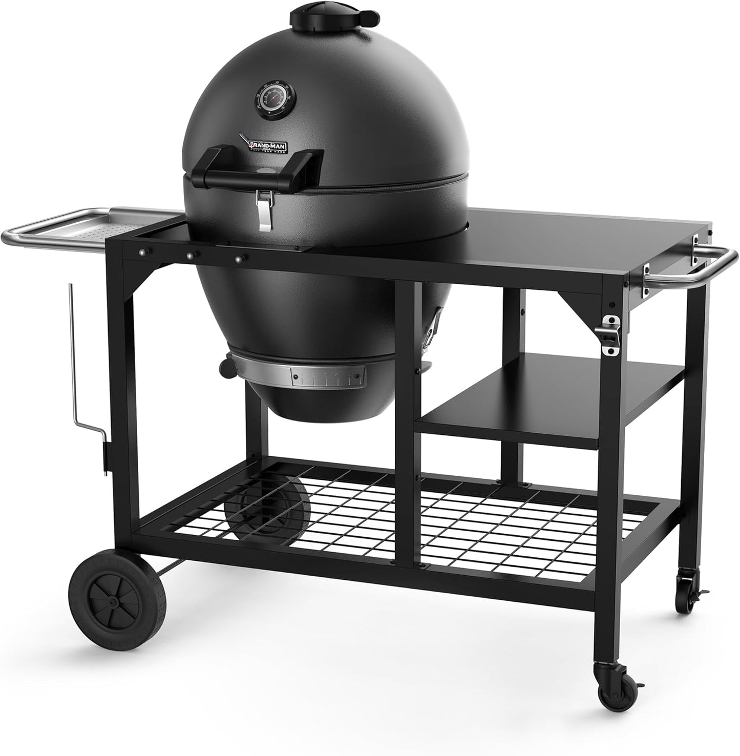 Brand-Man RODEO Steel Kamado Charcoal Grill & Smoker - 22" Cast Iron Grates, Grilling Basket, Large Prep Table Cart, Ideal for Outdoor Cooking