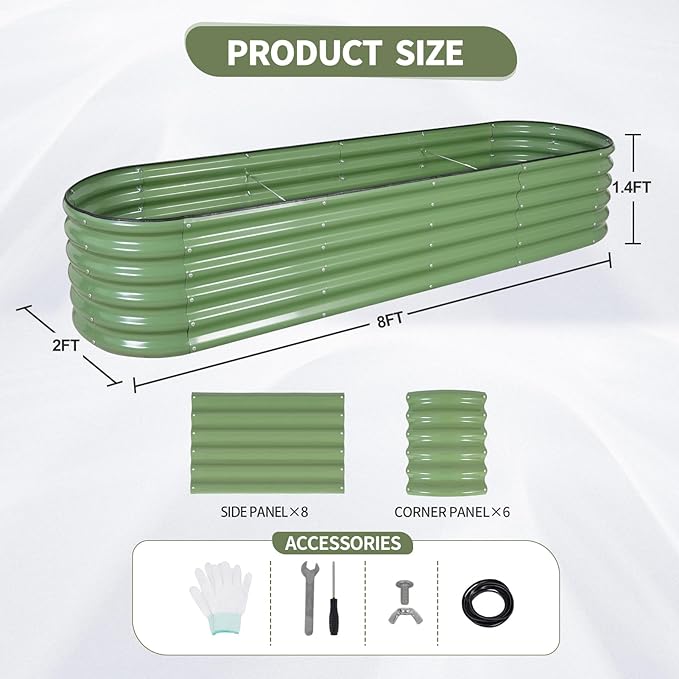 Galvanized Raised Garden Bed - 8x2x1.4FT Metal Planter Boxes Outdoor | Oval Steel Raised Bed Kit for Gardening with Protective Tape, Bracing Rods, Gloves for Vegetables, Flower, Herb (Green)