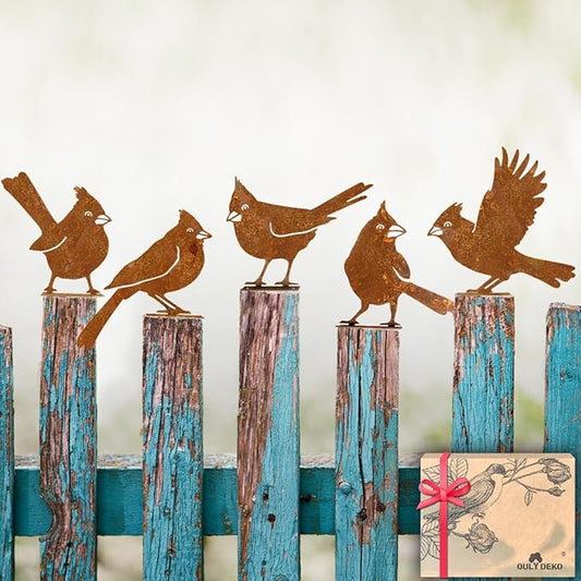 5PCS Rusty Birds Decoration, Fence Decorations Outdoor, Metal Birds Yard Decor Perfect Yard Art and Large Outdoor Ornaments, Cardinal Gifts