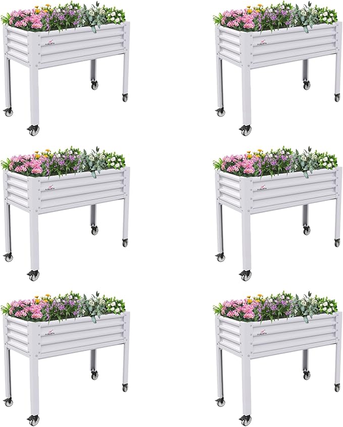 A ANLEOLIFE 6-Set Galvanized Raised Garden Bed with Legs,48x24x35in Large Elevated Planter Box on Wheels with Drainage Holes for Backyard, Balcony, Patio, 600lb Capacity, Antique White