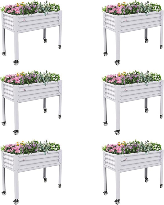 A ANLEOLIFE 6-Set Galvanized Raised Garden Bed with Legs,48x24x35in Large Elevated Planter Box on Wheels with Drainage Holes for Backyard, Balcony, Patio, 600lb Capacity, Antique White