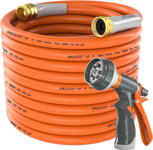 Garden Water Hose 200 ft x 5/8 in Heavy Duty, Flexible and Lightweight, Burst 600 psi, Kink-less Hybrid Rubber Pipe for Backyard, 3/4'' Brass Fittings, Orange