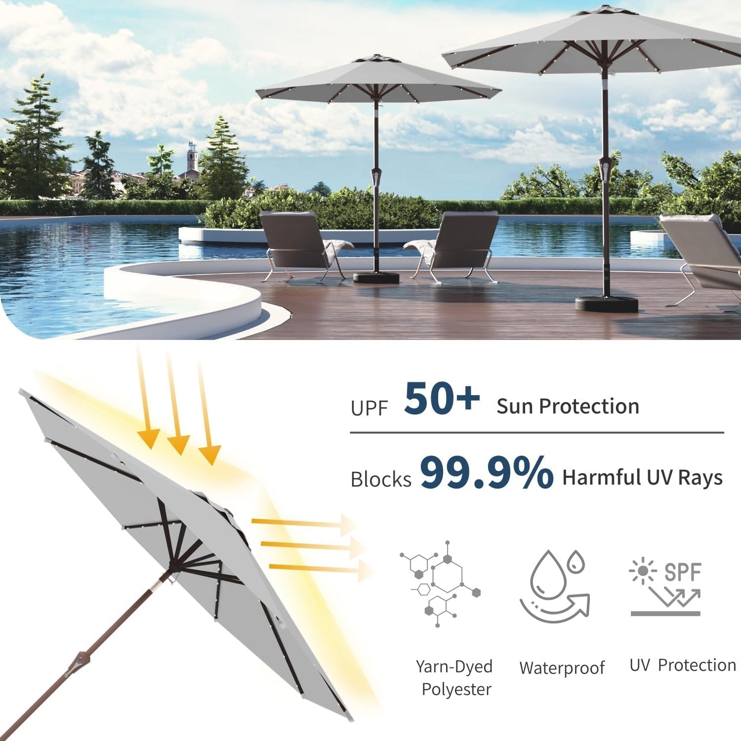 9FT Solar Umbrella 32 LED Lighted Patio Umbrella Table Market Umbrella w/Tilt and Crank, UV-Resistant Outdoor Umbrella for Pool, Garden, Deck, Light Gray