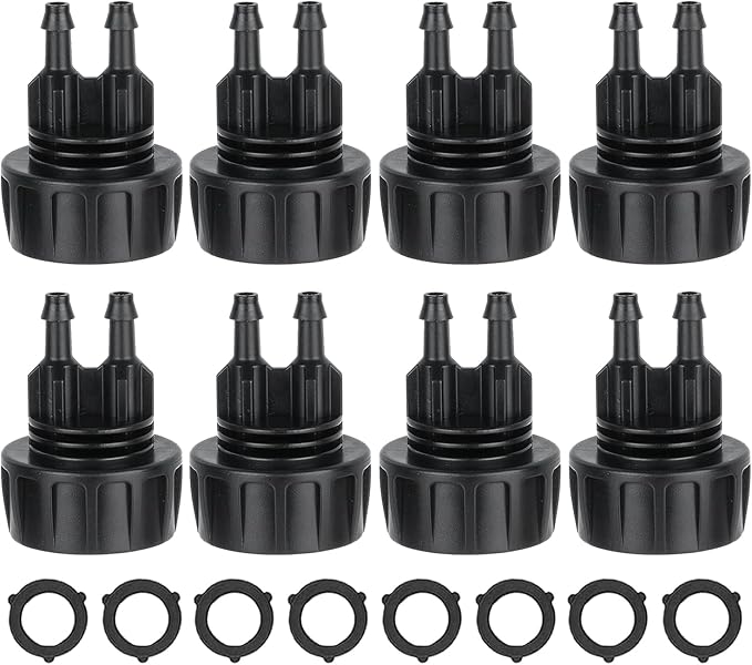 8pcs Garden Hose Adapters, 3/4'' Faucet Convert to 1/4'' Drip Irrigation Tubing, Drip Irrigation Hose Connectors for Outdoor Watering, Fittings with 8pcs Rubber Washers (2 Barbs)