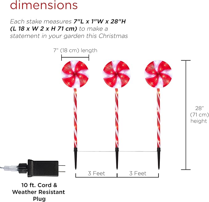 Alpine Corporation 28" H Outdoor Candy Cane Yard Stakes with Red and White LED Lights (Set of 3), Christmas Decoration
