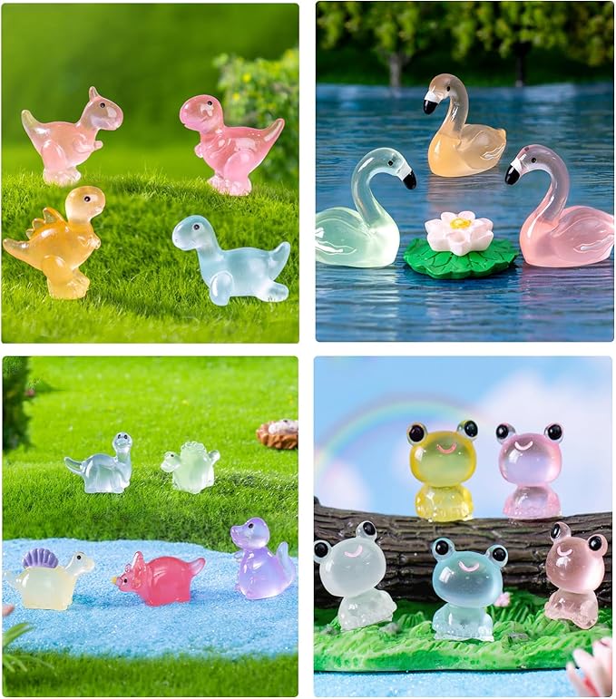 120 Pack Various Luminous Mini Resin Animals, Mini Ducks Dinosaurs Tiny Frogs Pandas Small Mushroom Miniature Figurines Glow in The Dark for DIY Garden Micro Landscape Aquarium Potted Decor