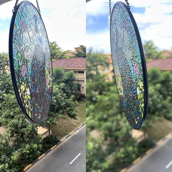 7.8'' Peacock Decor Suncatcher Stained Glass - Originally Designed Peacock Suncatchers for Sun Catchers Indoor Window | Gifts for Peacock Lovers Painted Glass Panel Decor Themed Gift