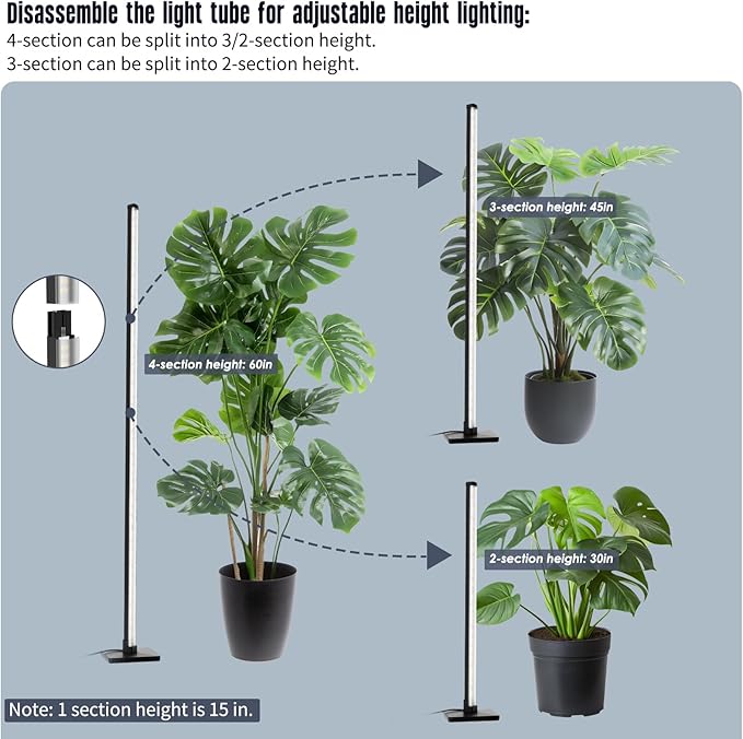 GLOWRIUM Standing Grow Light for Indoor Plants,45in Full Spectrum Vertical Plant Light,3 Light Modes,Auto-Timer,6-Level Dimmable,Suitable for Wide Area Coverage in Indoor Plants (3-Section)