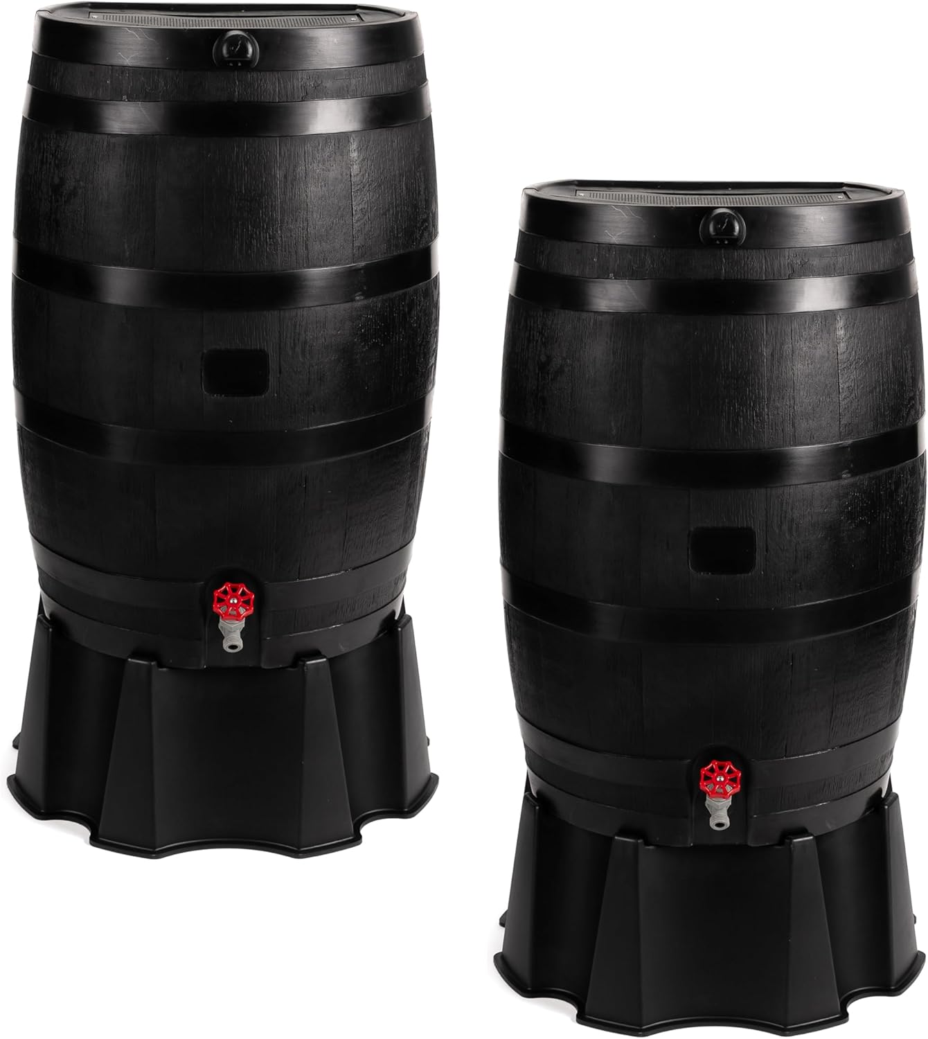 50-Gallon ECO Rain Barrel Made with 100% Recycled Plastic, Flat Back Rain Water Collection Barrel, Stand and Link Kit Included, Black (2 Pack)