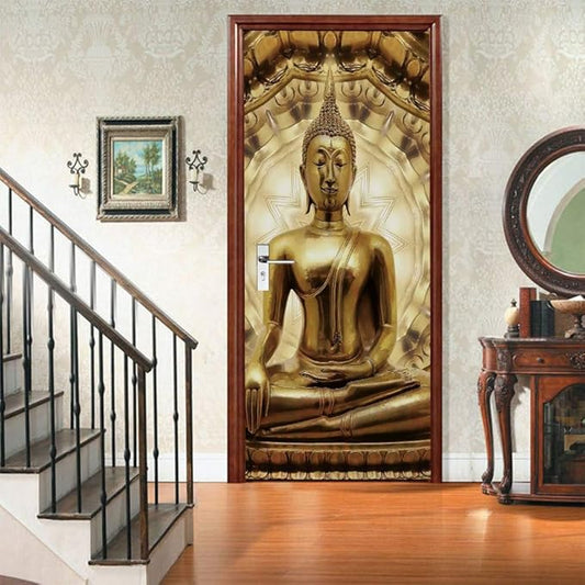 3D Buddha Statue Door Stickers - Peel and Stick Murals, Self-Adhesive Wallpaper Decals, Removable PVC Waterproof Poster for Bedroom Living Room 30.3" x 78.7"